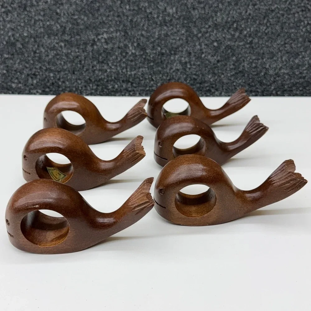 Vintage Hand Carved Wood Whale Napkin Rings Set of 6 Dark Brown Nautical Coastal
